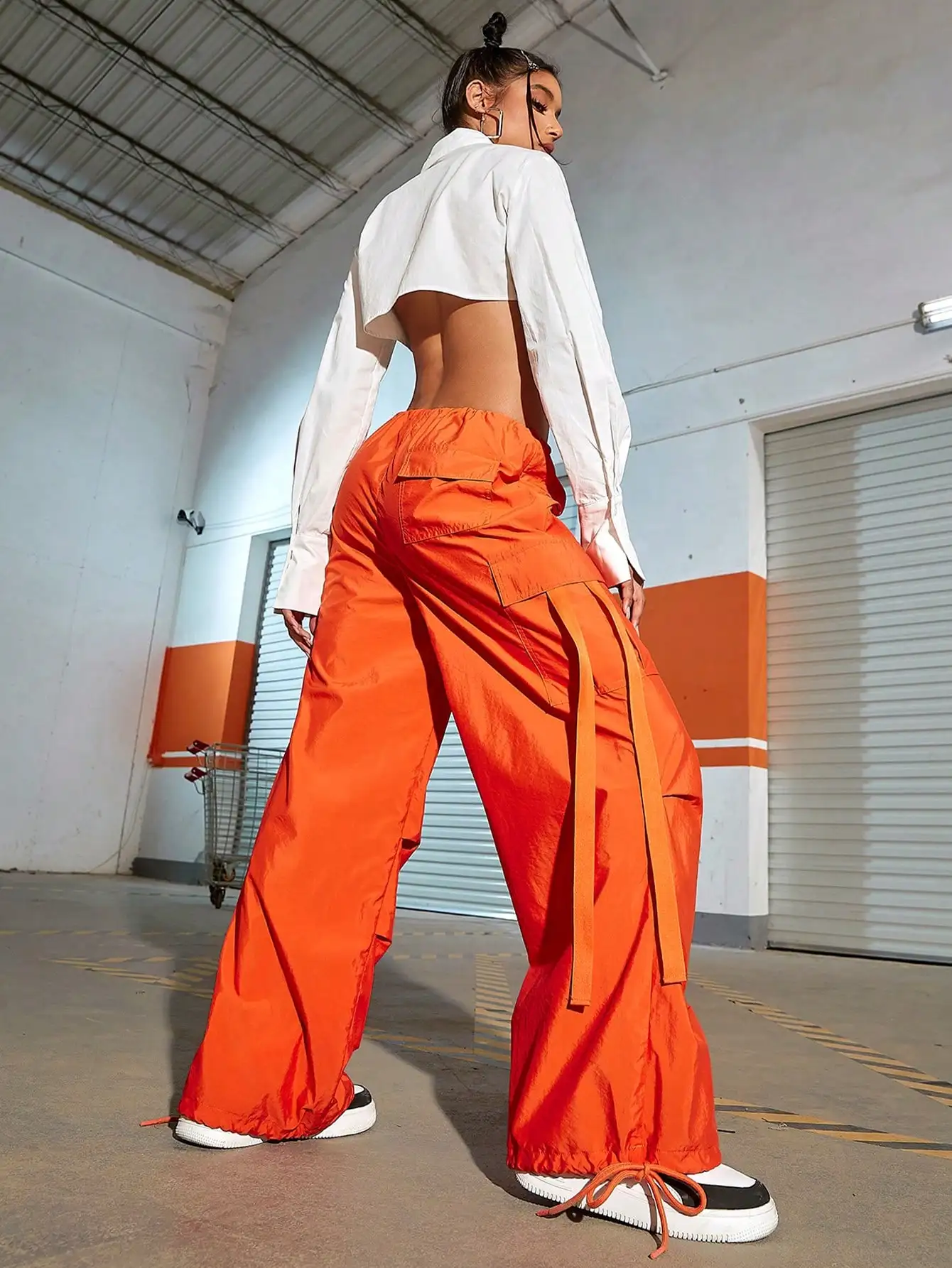 Elastic waistband tie pocket loose wide leg work pants