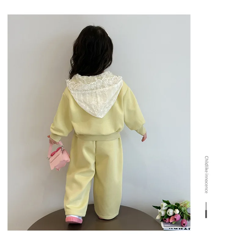 2025年秋新作 子供服 韓国風 女の子 ベビー レースパーカー フェイクツーピース パーカーパンツ カジュアルスーツ