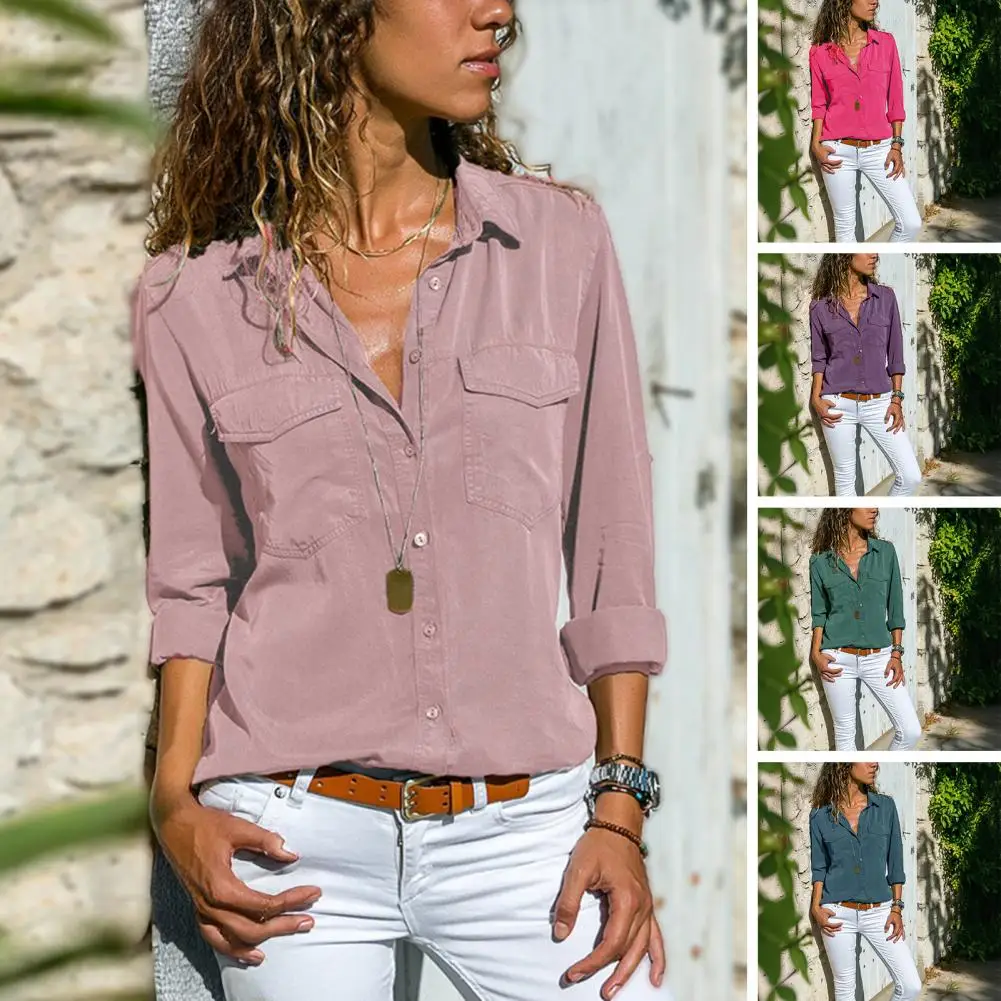 

Женская рубашка с отложным воротником, длинными рукавами, пуговицами, карманами, однотонная, стандартного кроя, повседневная, для работы и на каждый день