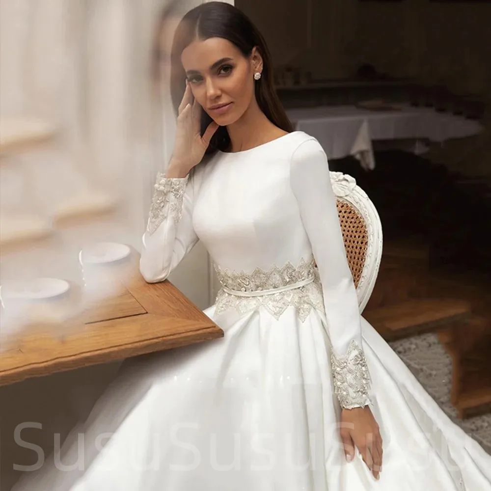 Bridal Dresses Bateau Neck Appliqued Beaded Satin Wedding Dress Long Sleeves Robe De Mariee For Women Custom Made Size