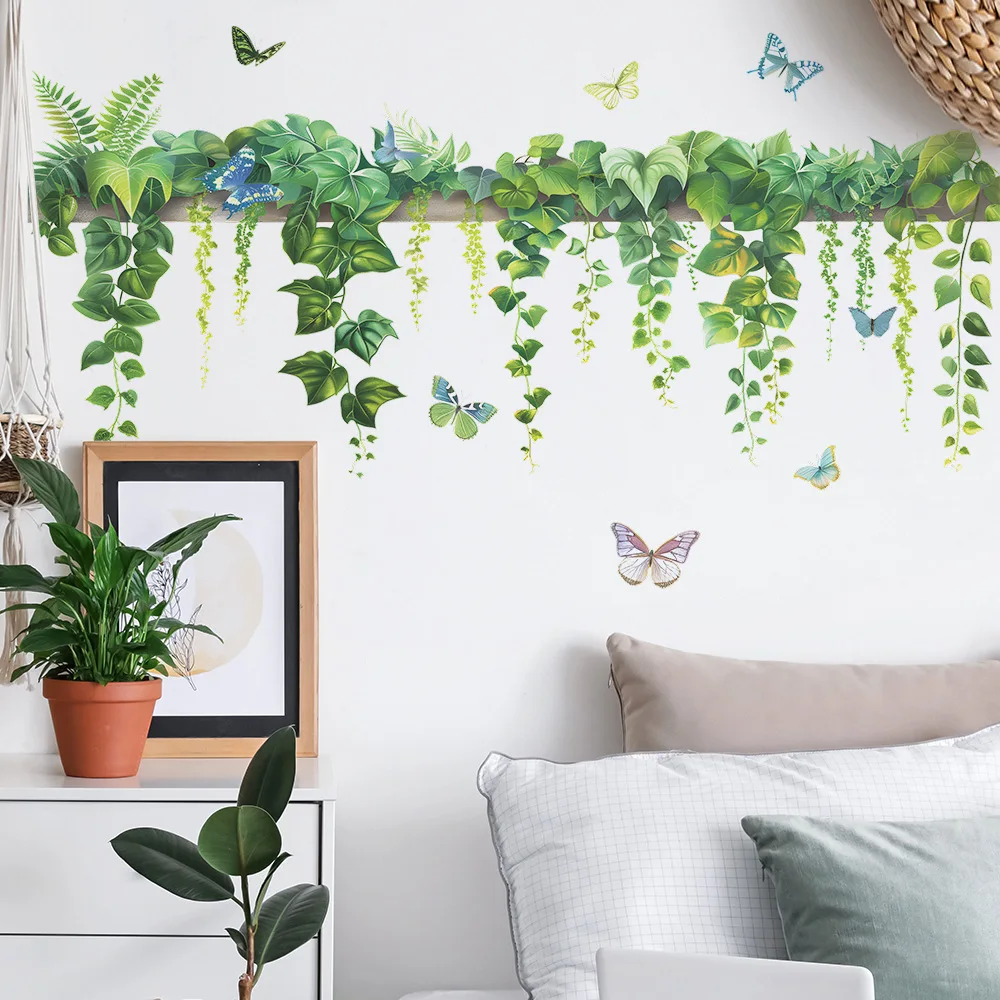 Flower Vine Green Plant Butterfly Wall Stickers Living Room Bedroom Decoration Mural Home Decor Beautify Self-adhesive Wallpaper