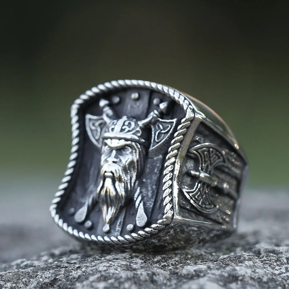NEW Men\'s 316L stainless steel ring Creative Design Viking Warrior Double Axe Odin Eagle ring Jewelry for Gifts free shipping