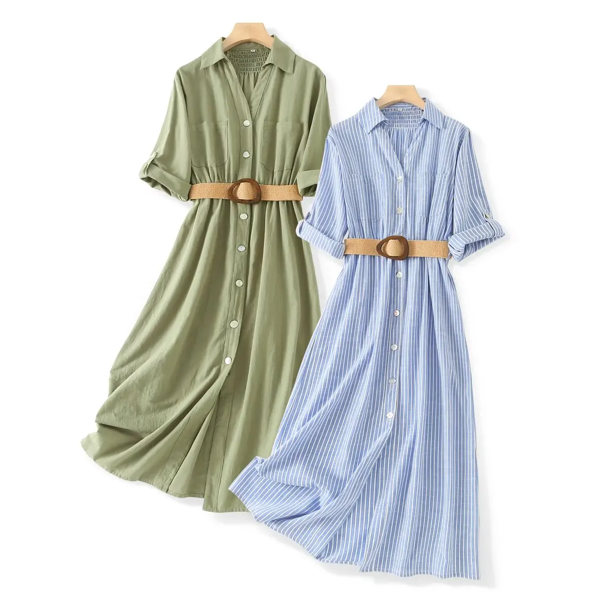 

Women's New Chic Fashion With Belt Casual Linen Blended Striped Midi Dress Retro Long Sleeve Button up Women's Dress Vestidos