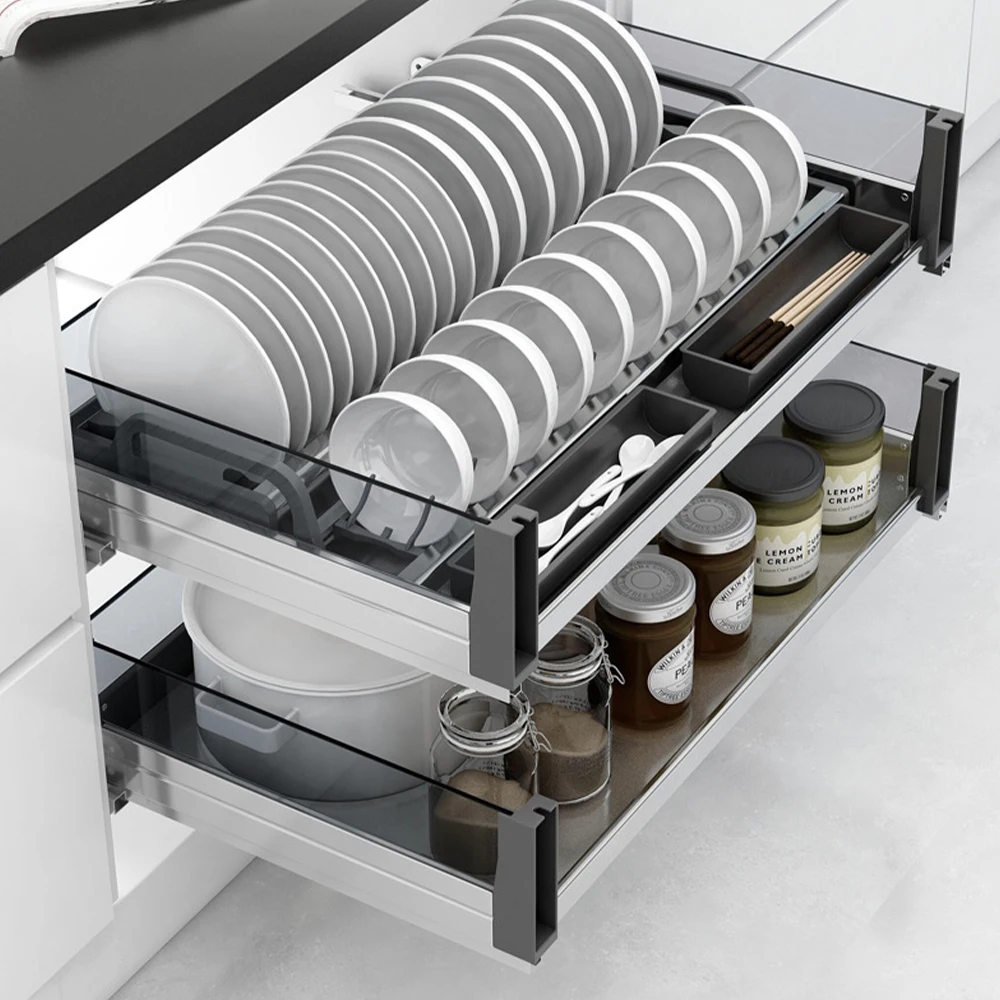 -oo Glass Stainless Steel Double-layer Storage Compartment for Seasonings Damping Slide Rail Drawer-style Pull-out Basket Rack