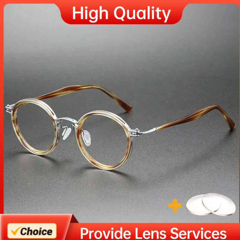 

Round Pure Titanium Eyeglasses Frame Large Acetate Tortoise INS IDA Design for Men Women Prescription Myopia Lenses