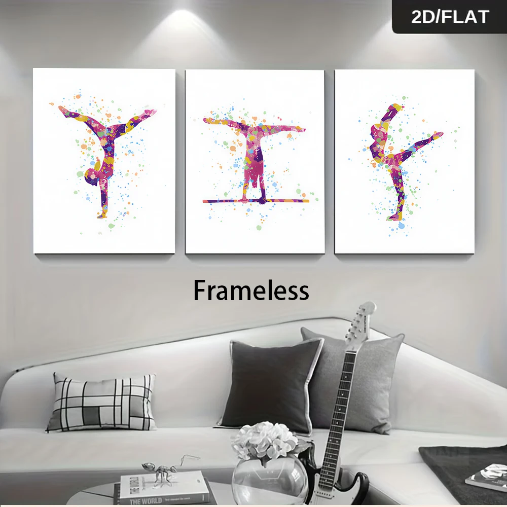 3PCS Frameless,1 Set Modern Watercolor Gymnastics Girl triptych frameless Wall Art for Living Room Bedroom Kids Room, Min Sports