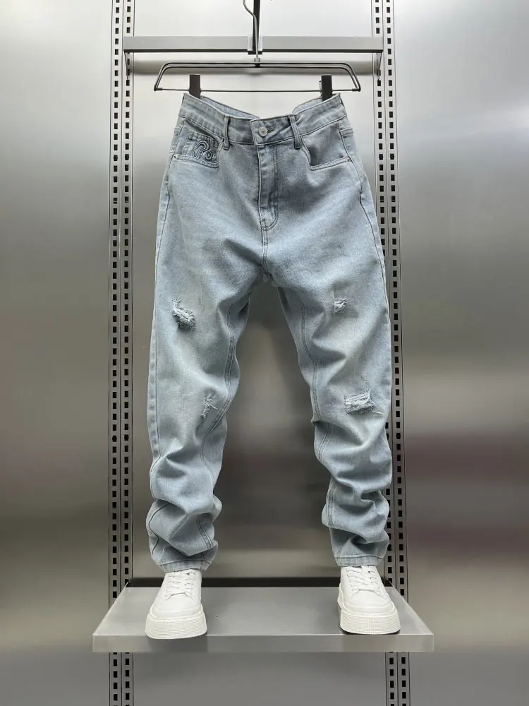 

Мужские джинсы-харланы с легким рваным эффектом, эластичные, облегающие, молодежные, модные, свободные, повседневные, весна-лето