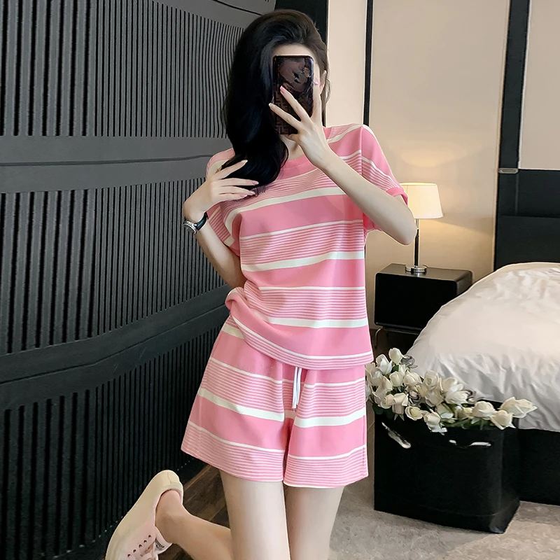 Summer Casual Women Running Sports set stripe Suit korean Loose Short Sleeve O-neck Tops & Shorts 2 piece sets womens outfits