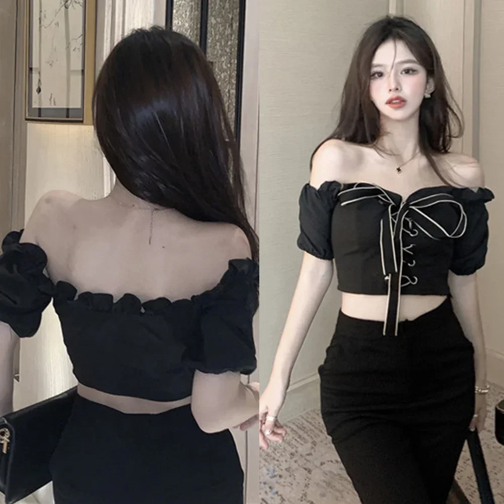 Robe de soirée tenues de vacances 1 taille chemise en dentelle noire chemisier Sexy décontracté pour les femmes Style coréen haut nœud papillon détail