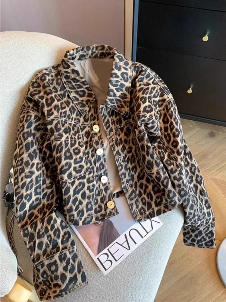 Leopard Jackets for Women Turn-down Collar Single Breasted Casual Coat Outerwears Autumn Fashion Long Sleeve Female Jean Jackets