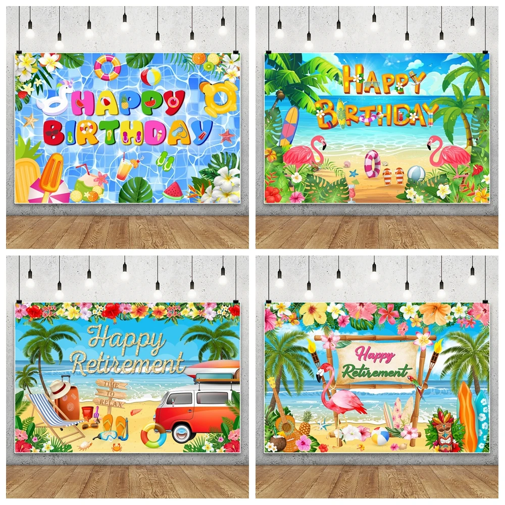 

Summer Hawaiian Beach Photo Backdrop Tropical Ocean Palm Tree Aloha Luau Flamingo Birthday Party Decor Photography Backgrounds