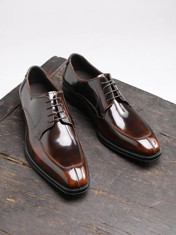 

New Boutique Business Dress Men's Shoes Handmade Leather Glossy Lace-up Derby Gown