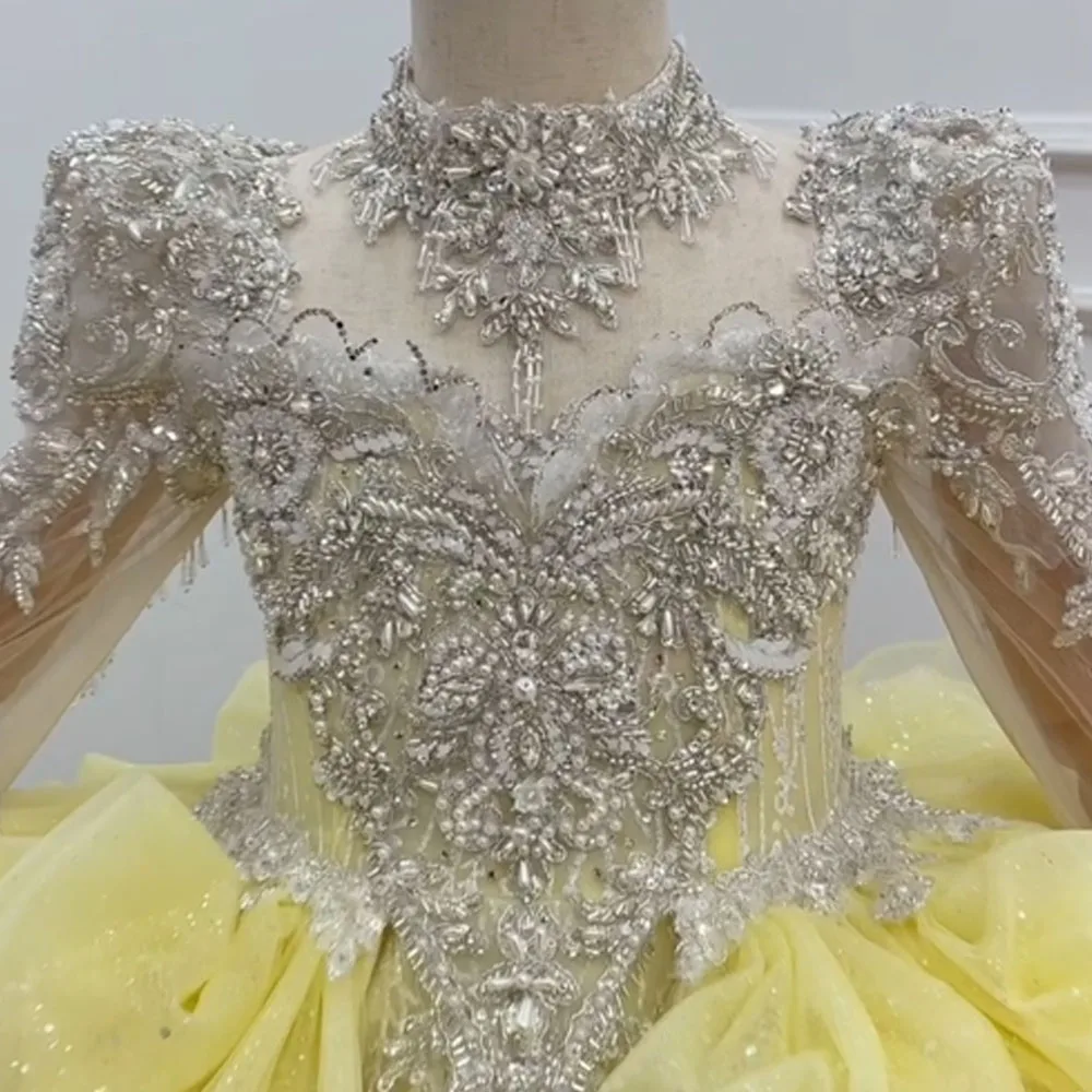Customized Elegant High Waist Floor Length Tiered Beaded Yellow Flower Girl Dress For Kids Birthday Or Wedding Gown