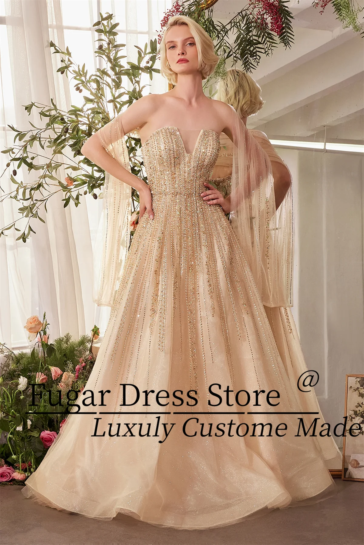 Paris Blue Beaded bez ramiączek szyfonowa długa sukienka Prom Dress Wykwintna spódnica w kształcie litery A bez ramiączek nowoczesne szaty wieczorowe z dekoltem w szpic