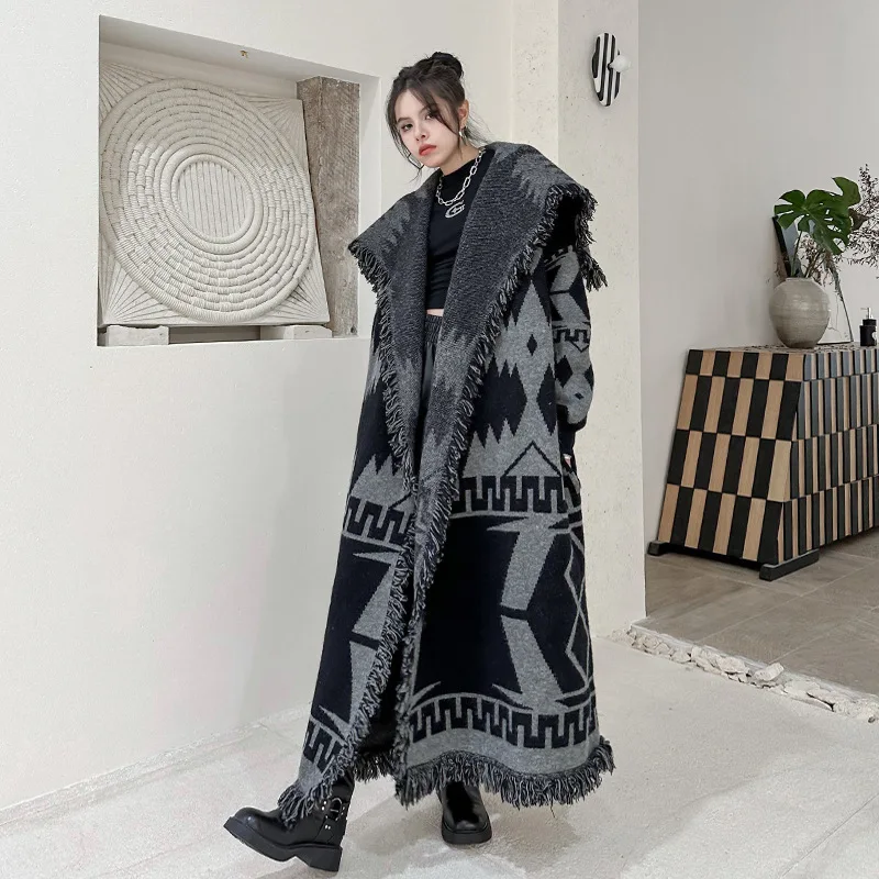 Female new spring and autumn tassel sweater outerwear  over knee knitted cardigan loose long coat