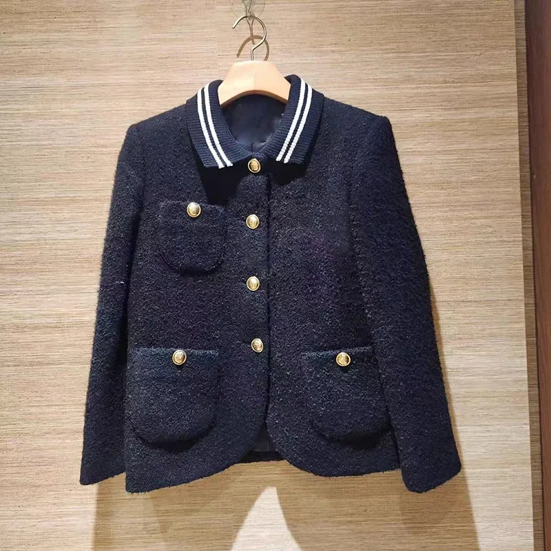 2025년 가을/겨울 컬리지 스타일 스트라이프 폴로넥 블랙 트위드 메탈 버튼 코트 여성용 재킷