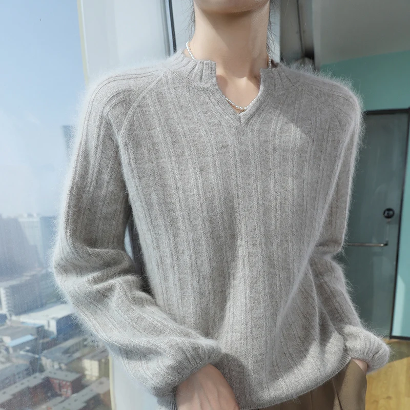 100% Mink Cashmere Sweater Women's V-Neck Bubble Sleeve Knitted Pullover Fashion Large Size Base Shirt Loose Warm Tops Clothing