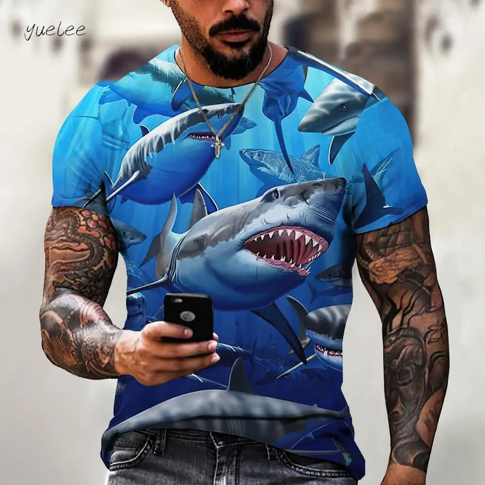 Men 3D Great White Shark Ocean Print Crew Neck Short Sleeve T-Shirt Multi Style Sea Animal Casual Tops