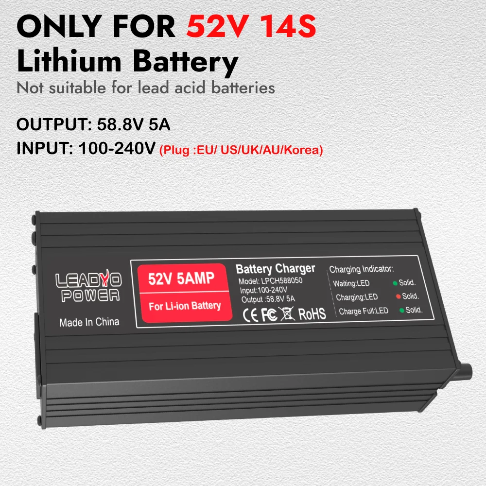 14S 52V 58.8V 5A Li-ion Battery Charger For electric bike With DC5.21 XLR-3pin Charger Plug Optional