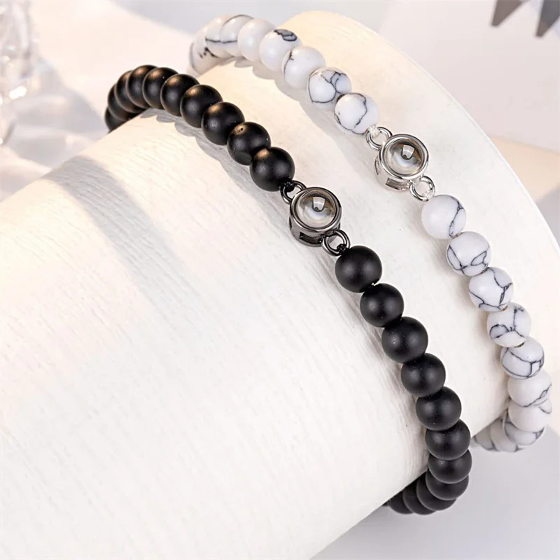 sansango 2PCS/SET Men's And Women's Projection Couple Bracelet Frosted Stone Beaded Bracelet Adjustable Birthday Jewelry Gifts.