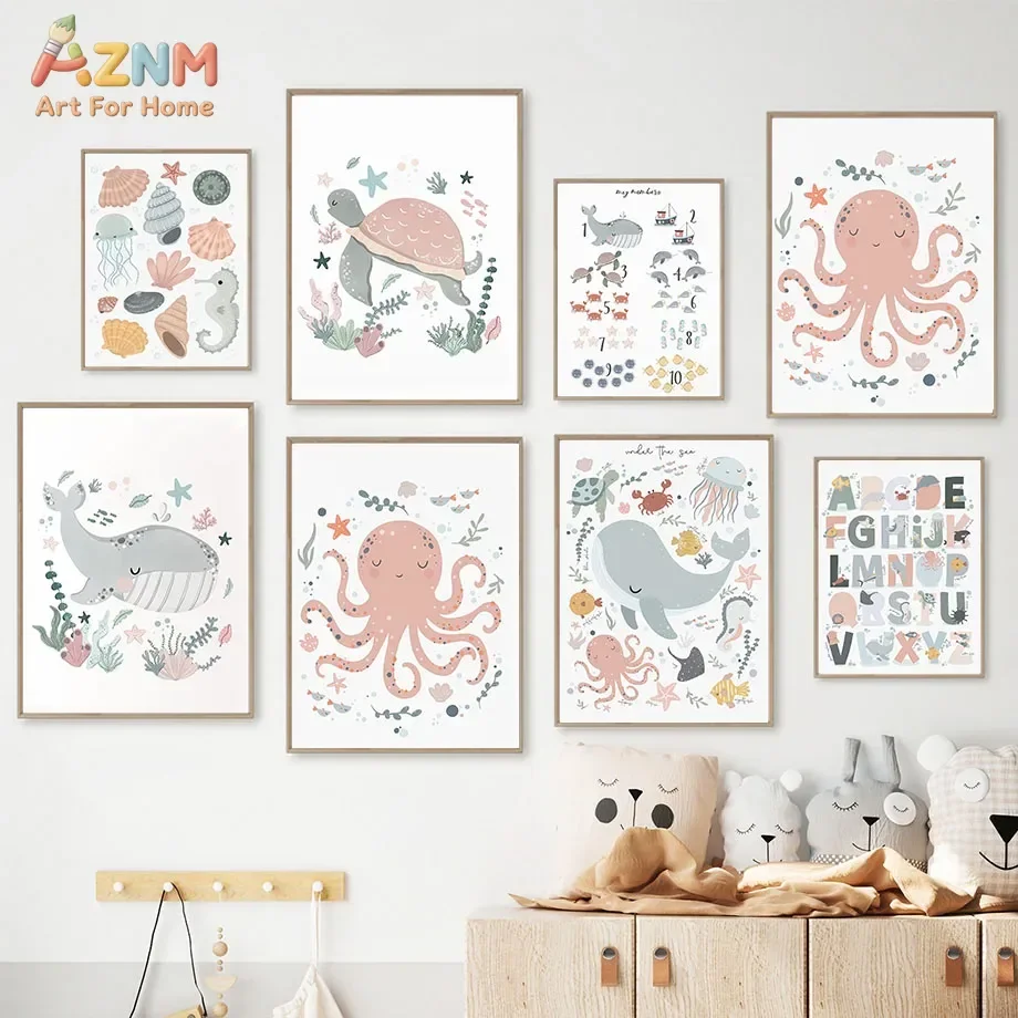 AZNM - Lienzo decorativo de pared con diseño de animales marinos, pulpo, ballena, tortuga, alfabeto, números, póster educativo para decoración de habitación infantil, sin marco
