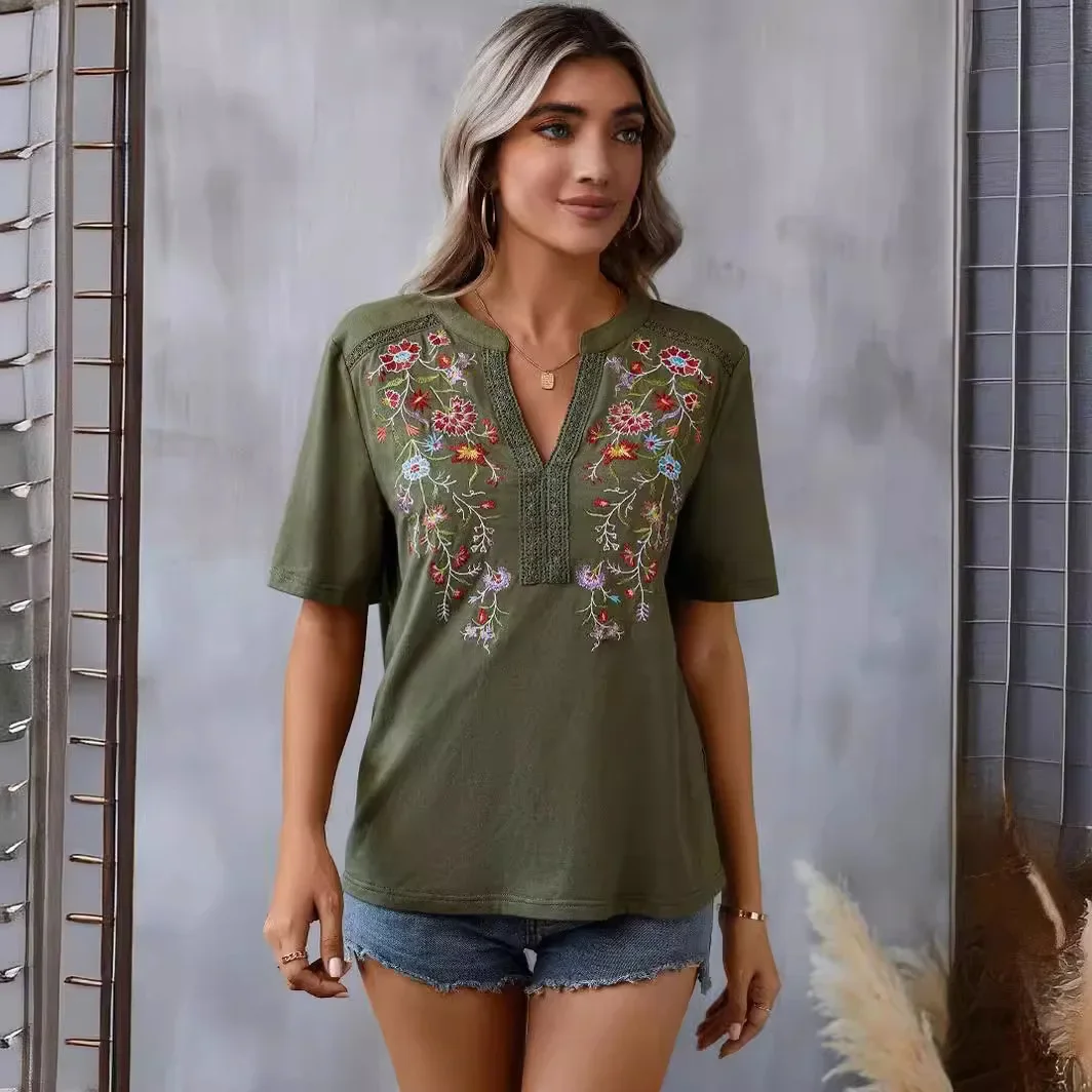 Women Summer New Fashion Flower Embroidery Stitching Lace Short Sleeve T Shirt Top V Neck Sexy Summer Tops Tee