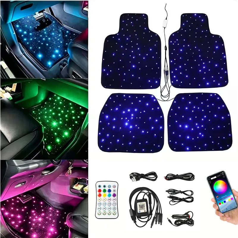 LED-Autofußmatten mit Sternenlichteffekt, universelles RGB-Beleuchtungsset mit App- und Fernbedienung, wasserdicht und waschbar, mehrfarbiger Sternenlichteffekt, romantische Ambientebeleuchtung für