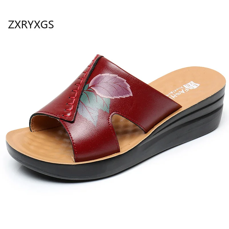 

ZXRYXGS/2020 летние тапочки из натуральной кожи с открытым носком и принтом, сандалии на танкетке, элегантные удобные нескользящие женские модные тапочки