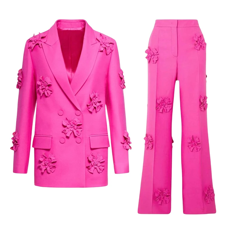 MSMUSI 2023 New Fashion Women Sexy Floral Embellished Blazer Set Two Piece Set Party Long Sleeve Top Flare Long Pant Set Suit