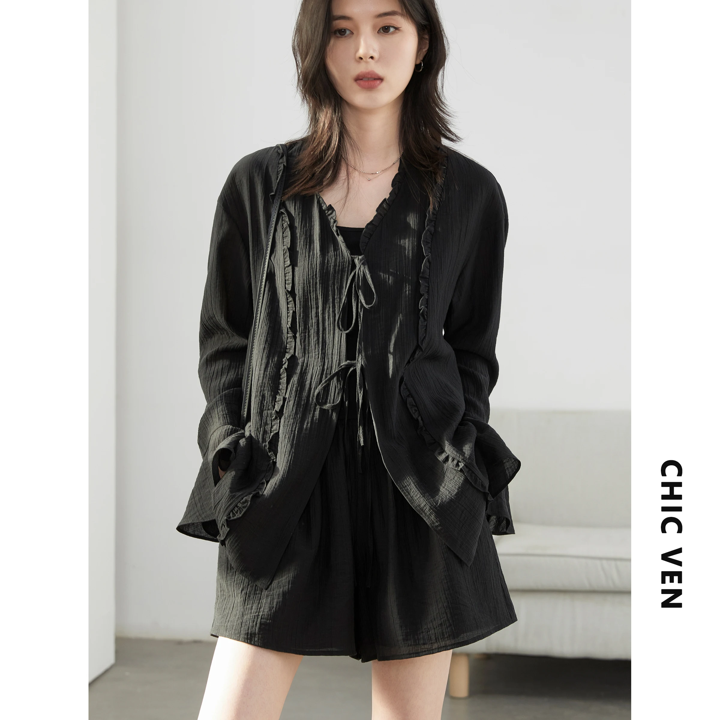 CHIC VEN Women Shirt Long Sleeve Loose Casual New Texture Ruffle Lace Up Blouses V Neck Female A Line Shorts Spring Summer 2025
