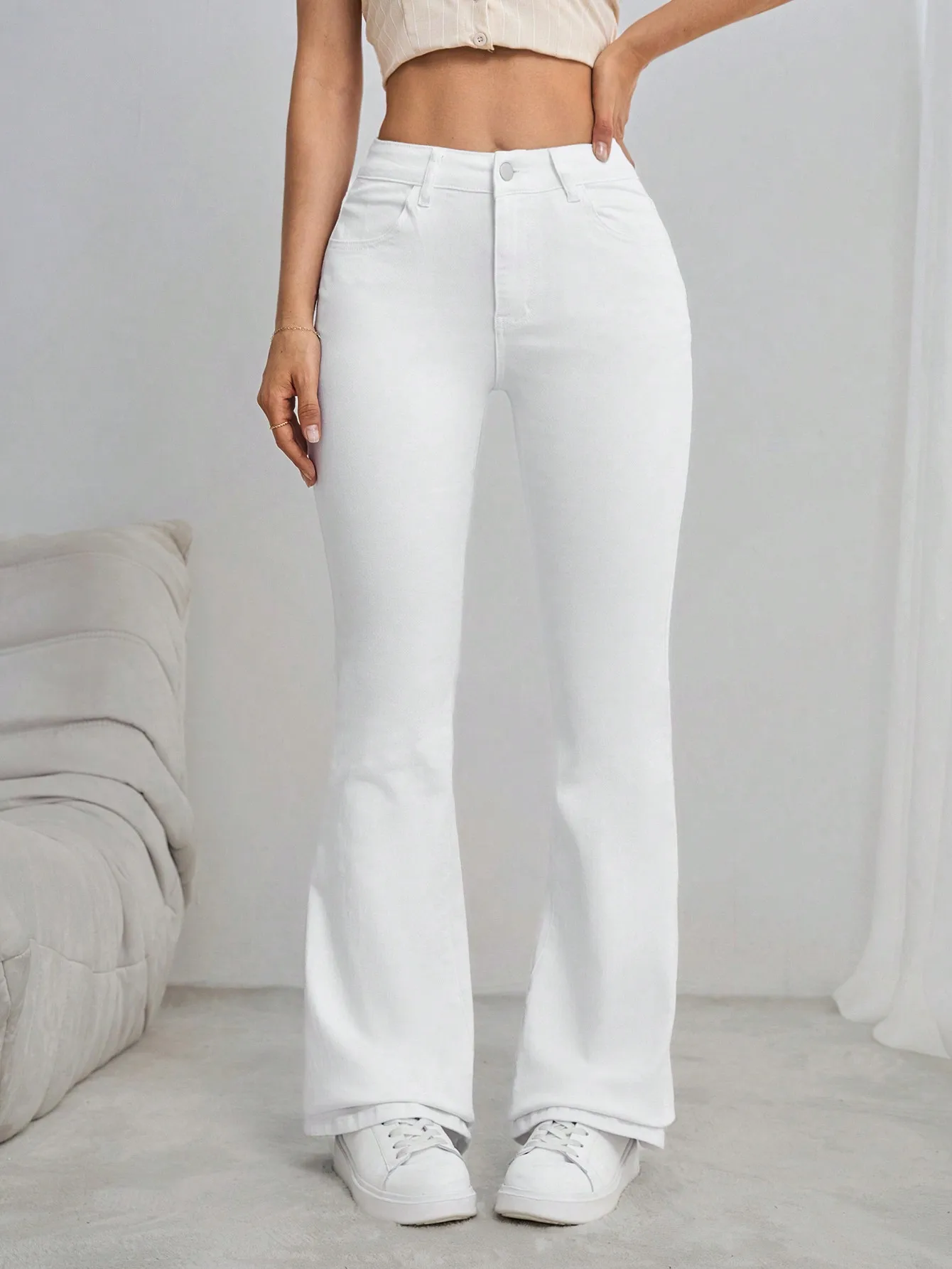 여성용 화이트 하이웨이스트 벨보텀 진, 데일리룩 캐주얼 플레어 데님 팬츠