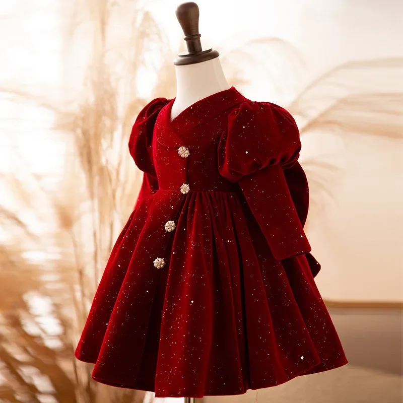 Children Dress 2023 Autumn and Winter New Girl Princess Dress Wine Red Long Sleeved Velvet Treasure  Dress Girls Clothes