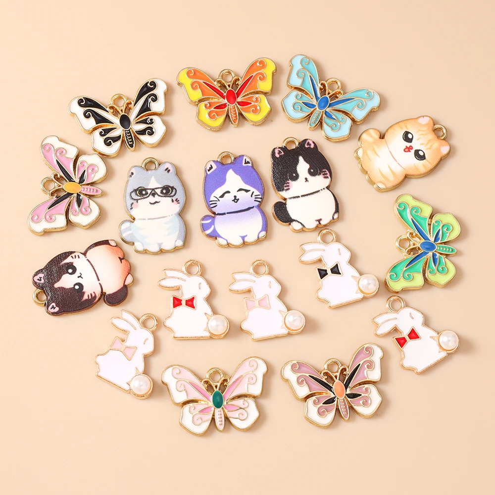 20 Stück Cartoon-Tier-Charms, Emaille-Katzen-, Hasen- und Schmetterlings-Charms, Anhänger für die Schmuckherstellung, Halsketten, Ohrringe, DIY-Bastelbedarf – Detail 3