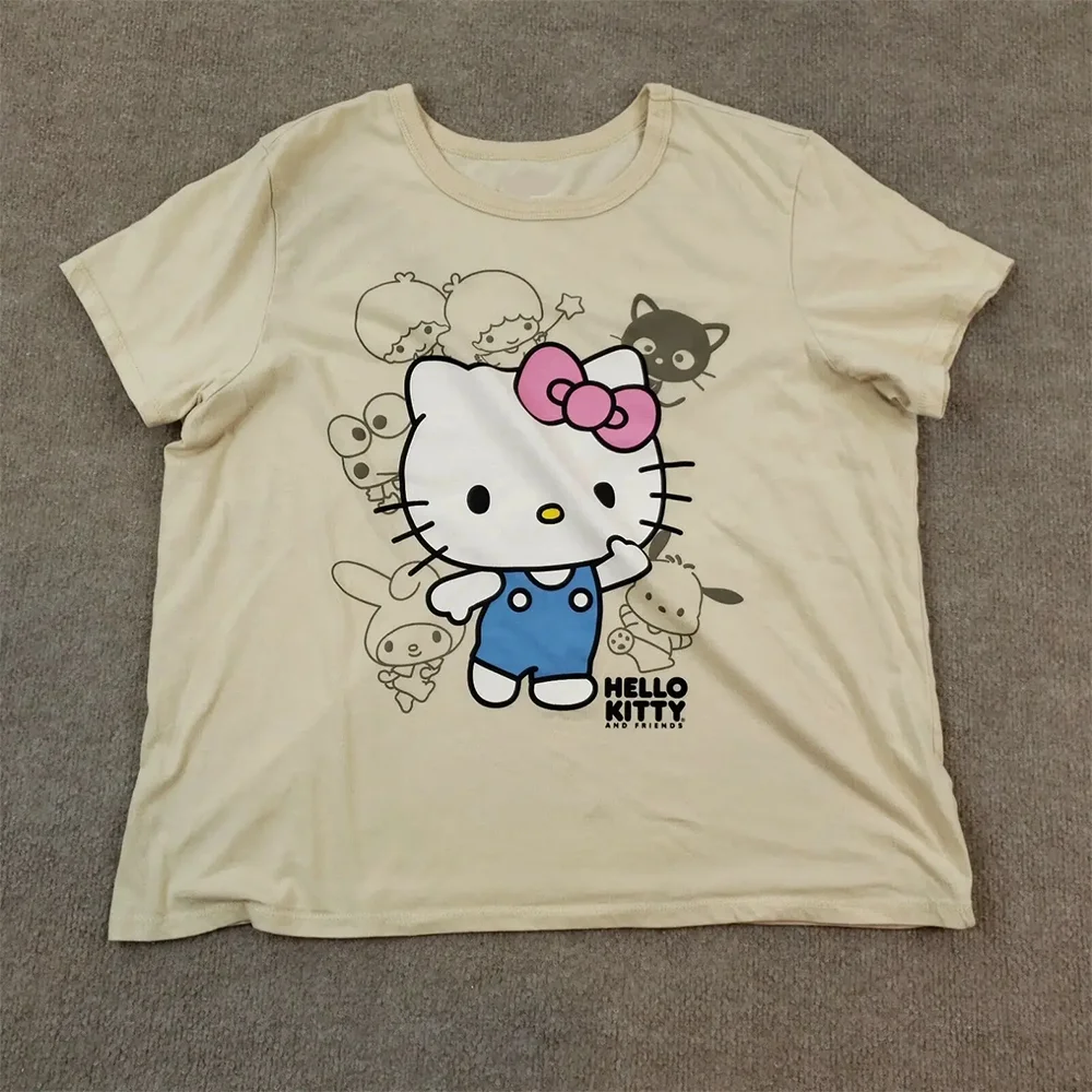 

Японский Sanrio мультяшный узор с принтом, хлопковая дышащая футболка с короткими рукавами, летняя уличная мода, свободная повседневная футболка для всей семьи