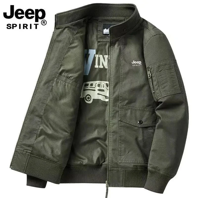 Jeep Spirit Stand up Collar Jacket Men's Spring and Autumn Cotton Loose Casual Work Jacket American Pilot Windproof Jacket