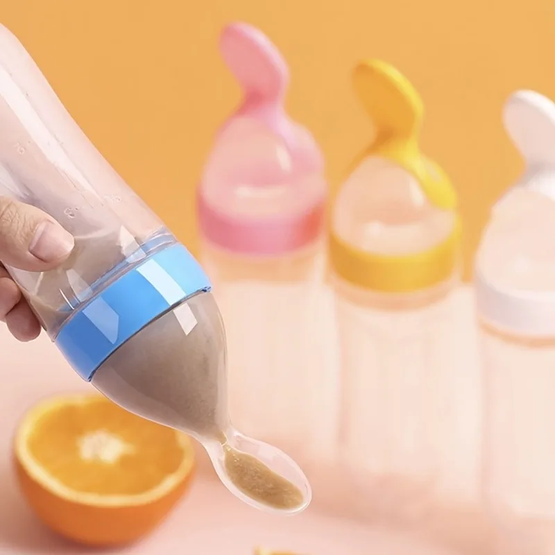 90ml/3oz Silicone Feeding Bottle With Spoon & Stand - Multifunctional Tableware For Food Dispensing & Feeding(1pcs）