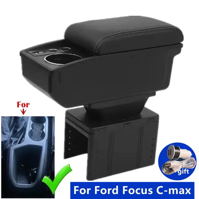 Car Armrest Box For Ford Focus C-Max Armrest box For Ford Focus Double-Layer Storage box with USB Cup Holder Retrofit Accessory