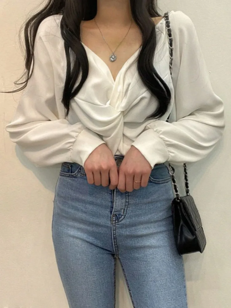 Chic Blue V-ne Bubble Sve irt Women's Loose Fit Knot Design Versatile Casual Top Spring Autumn Winter Faion