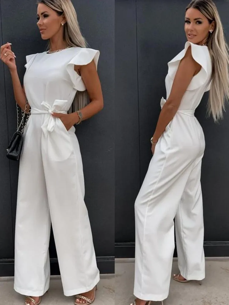 Elegant Women\'s Fashion White Butterfly Sleeve Jumpsuit Solid Casual O-neck Belts Wide Leg Playsuit Summer Office Lady Jumpsuits