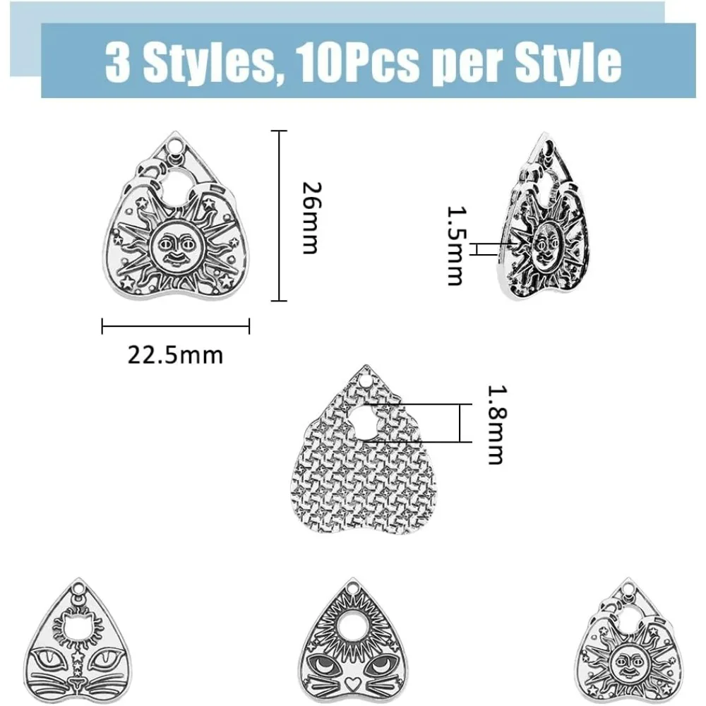 30Pcs Heart with Cat Charms 3 Styles Vintage Alloy Pendants Ouijas Planchette Charms Divination Board Charms for Bracelets