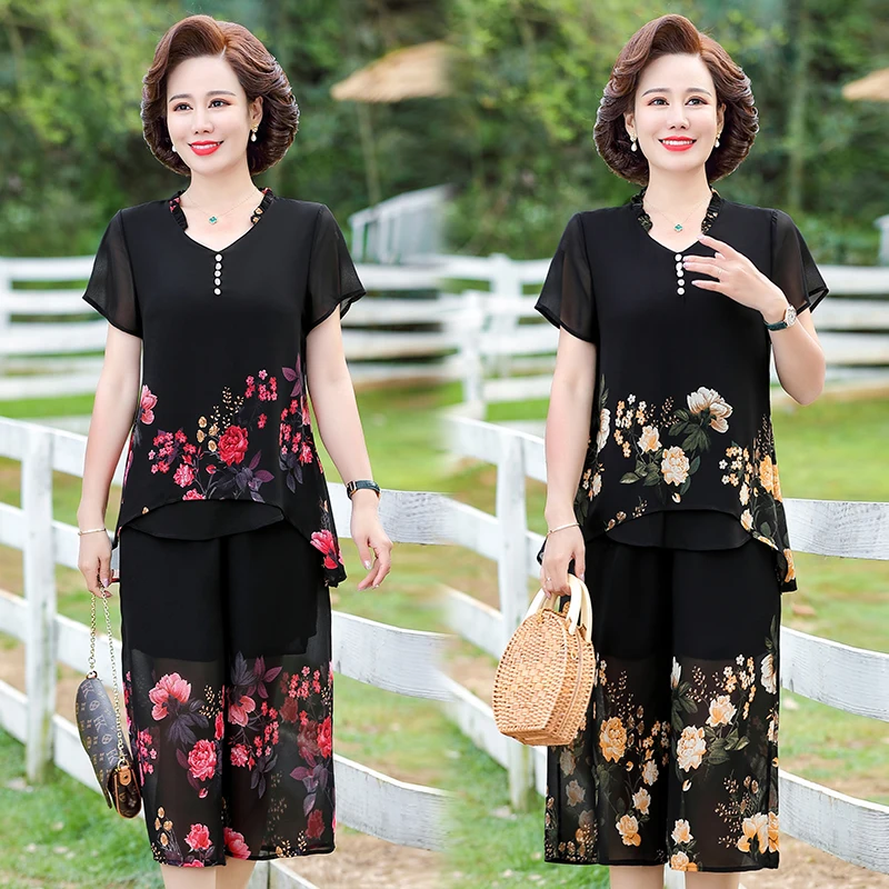 Elegant floral Middle-aged Womens Summer Suits Short Sleeve Chiffon T-shirt Top &Wide-leg Pants 2 Pcs Sets 5XL