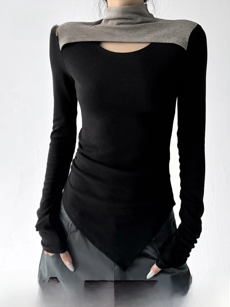 

Уникальный женский облегающий топ NZNB с длинным рукавом, черный, с вырезами, в корейском стиле, осенняя мода