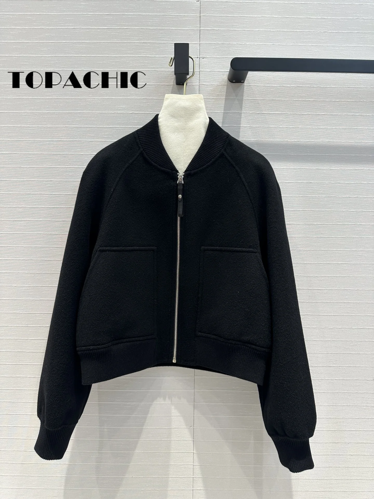 7.24 TOPACHIC-FemaleTemperament Double-Side Cashmere Jacket Ribbed Spliced Stand Collar Big Pocket Zipper Short Outerwear