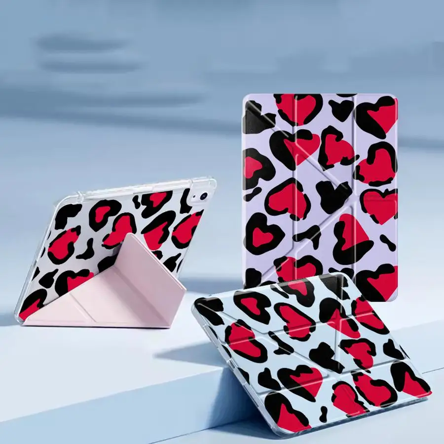 

Holder Cover Tablet Case For iPad Mini 6 7 Air 4 5 M3 M2 M4 11inch Pro 2025 Pro 11th 10th 9th 8th 12 Y-Fold Heart Leopard Print