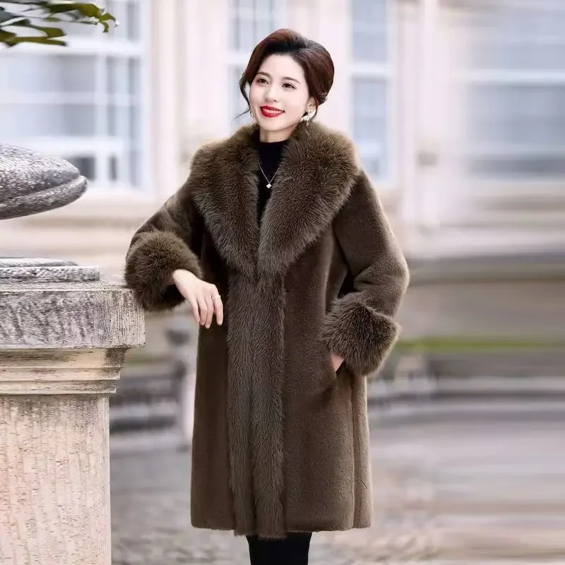 Femmes épais fausse fourrure veste Colorblock blanc automne hiver Maxi manteau Long chaud luxe ceinture fourrure Parkas Bontjas fourrure vêtements d'extérieur