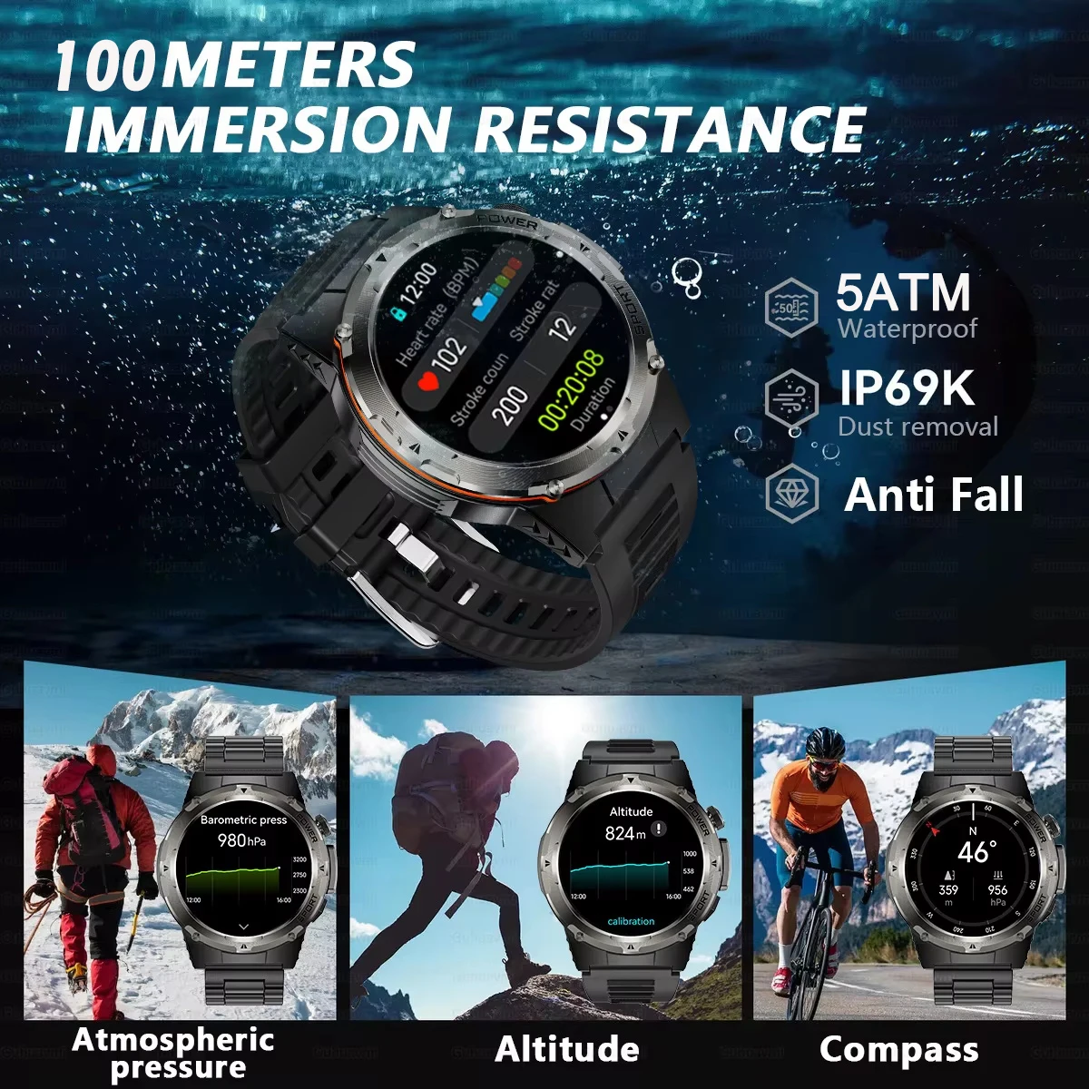 นาฬิกาสมาร์ทวอทช์ทหารกลางแจ้งรุ่นใหม่ปี 2025 สำหรับผู้ชาย ระบบติดตาม GPS กันน้ำระดับ IP68 แบตเตอรี่ 500mAH ตรวจสอบสุขภาพ โทรผ่านบลูทูธ สายรัดข้อมือเลเซอร์สำหรับเล่นกีฬา