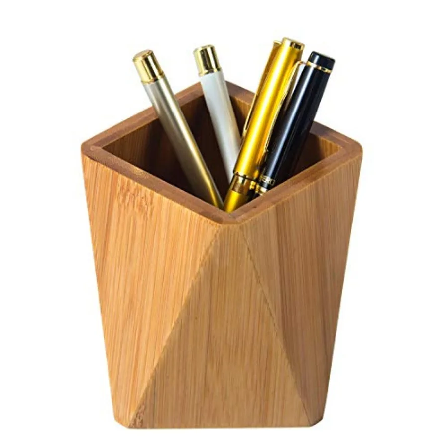 

Bamboo Wood Pen Holder Stand for Desk Geometric Pencil Cup Pot Cute Desktop Office Supplies Makeup Brushes Organizer Bamboo