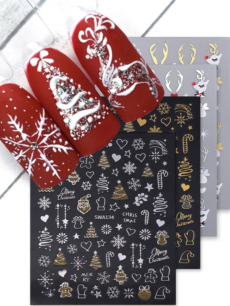 2 Stück Gold Silber Weihnachten 3D Nagelaufkleber Reflektierender Glitzer Weihnachtsbaum Lebkuchen Schneeflocken Klebeaufkleber Winter Maniküre