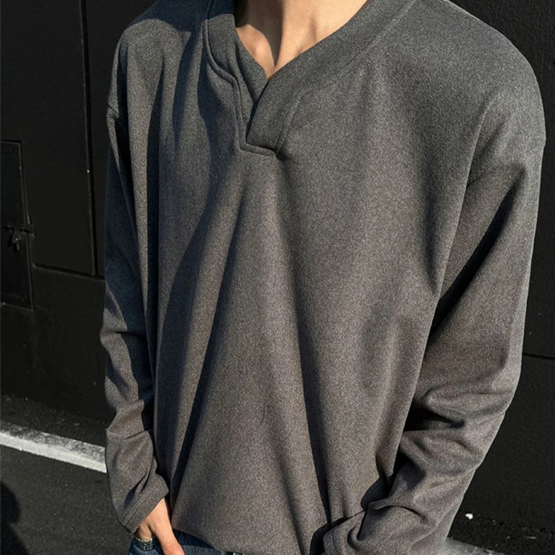 Spring V Neck Men Long Sleeve Sweatshirts Fashion Simple Chic All-match Oversized Clothing Daily Inside Basics Black White Grey