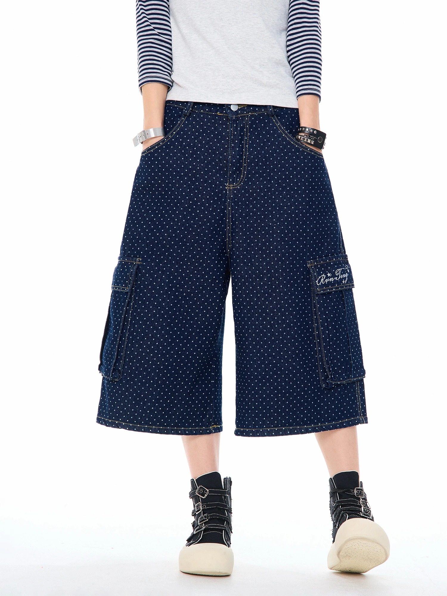 

Summer Casual Wide Leg Denim Shorts Women's Loose Fit Digital Print Polka Dot Pattern Large Pocket Seven-Foot Jeans